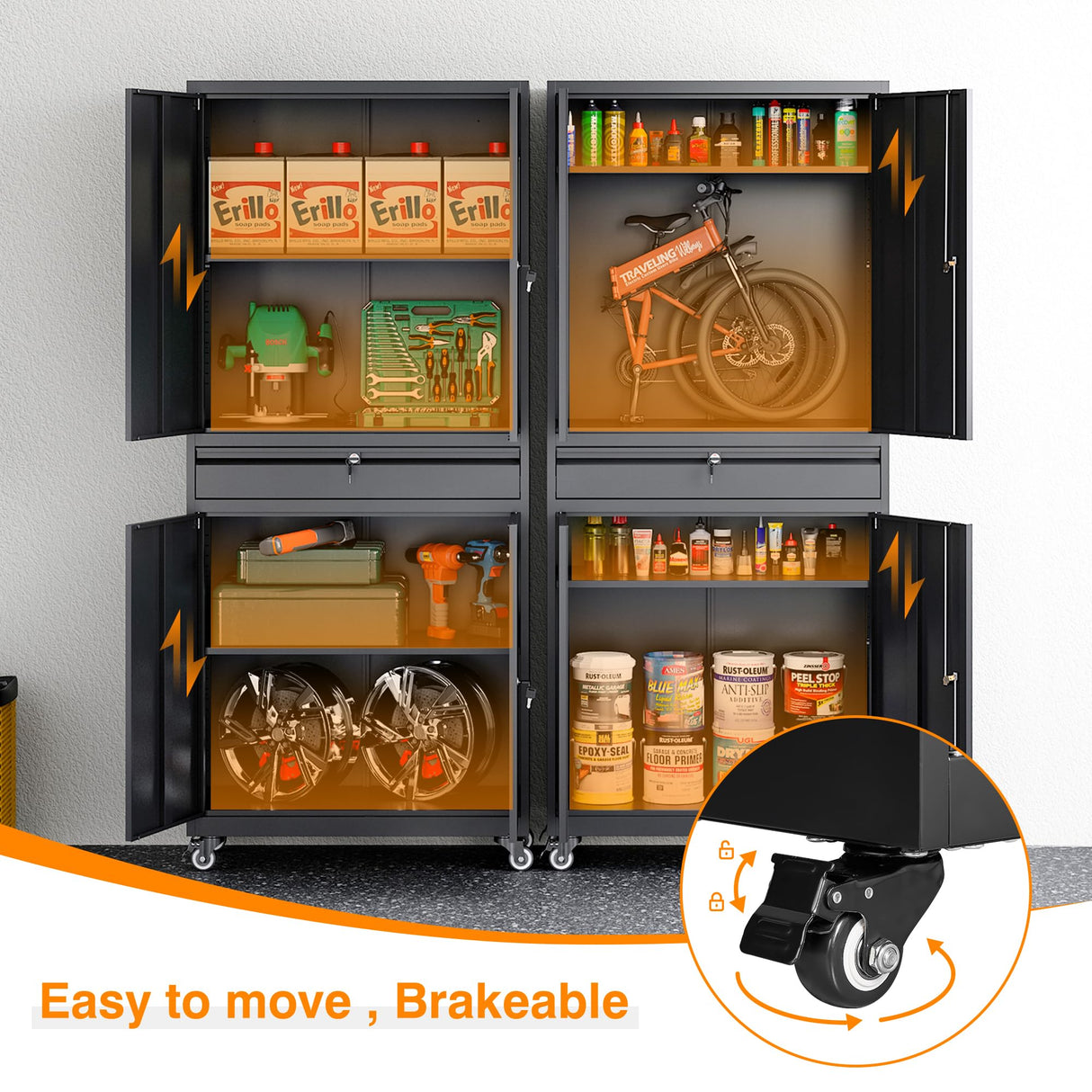 ZAOUS Metal Storage Cabinet, Heavy Duty Garage Cabinet on Wheels, 72'' Tall Storage Cabinets Tool Cabinet with Doors and Shelves for Home Office Utility Room, Black ZAOUS