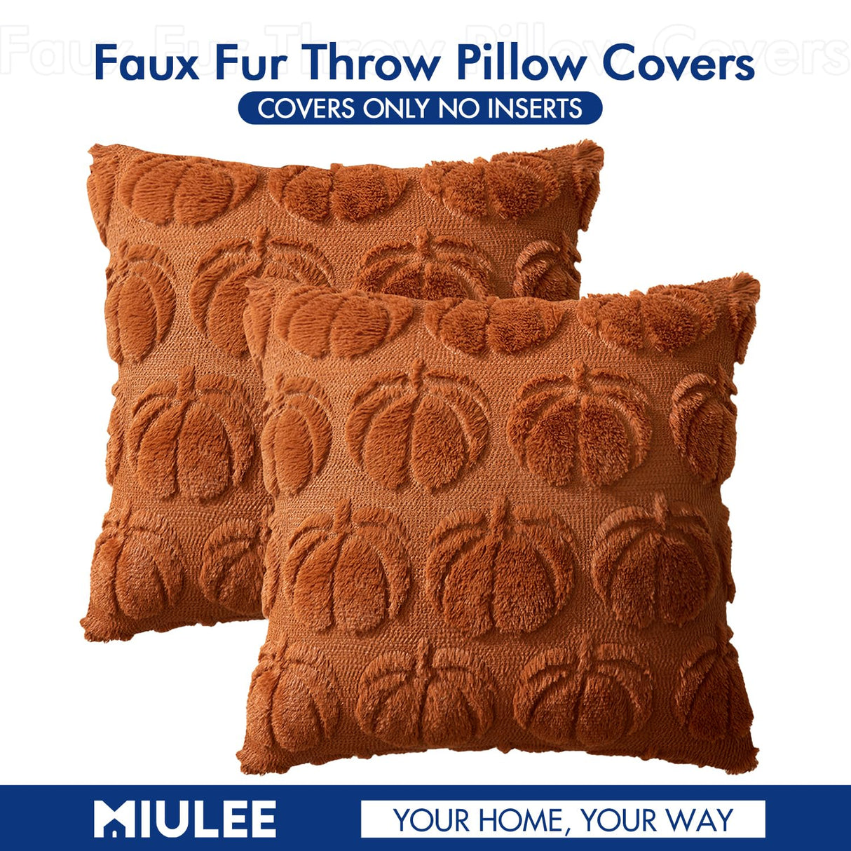 MIULEE Fall Throw Pillow Covers 18x18 Set of 2 Autumn Decorations Dark Rust Pumpkin Accent Pillowcase for Outdoor Porch Sofa Couch Bed Living Room Plush Faux Fur Halloween Farmhouse Home Decor MIULEE