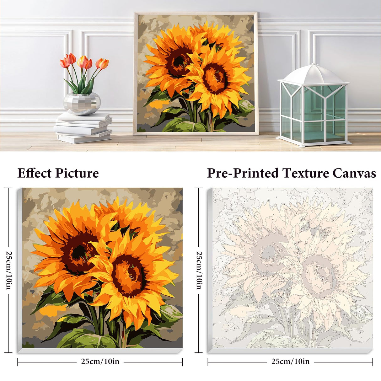 Fountor Framed Paint by Numbers Kit for Adults Beginner & Kids Ages 8-12, Sunflower Paint by Number with Frame, Easy Acrylic Watercolor Sunflower Painting by Numbers Kit on Canvas 10x10 inch Fountor