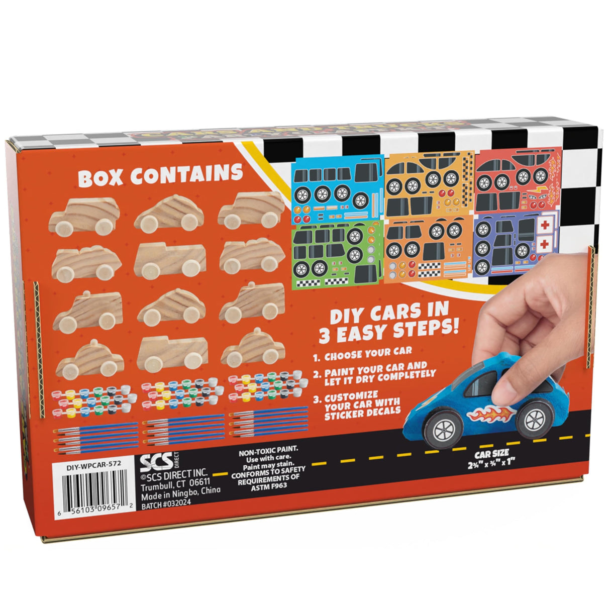 Kids Party Wood Painting Craft Kits (12ct) 3-D Cars - Each Kit Has its Own Brush, Paint, & Figure- 6 Designs Include Taxi, Trucks & More w Bonus Customizable Sticker Decals- Summer Camp Party Activity SCS Direct