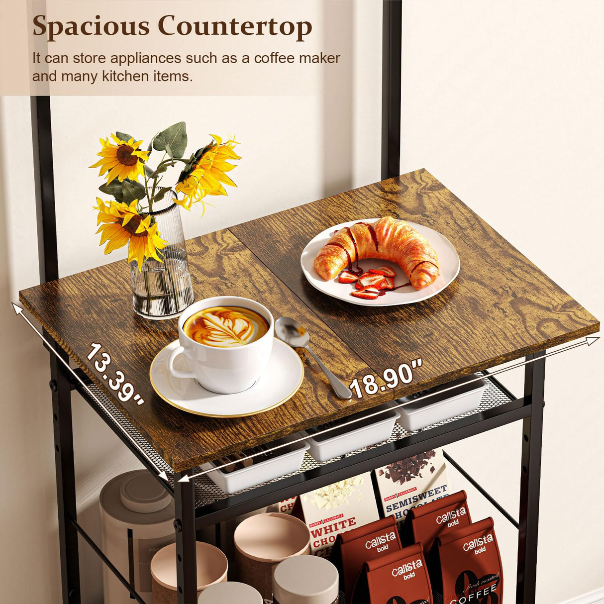 5-Tier Coffee Bar Cabinet with Visual Door, Small Kitchen Microwave Stand with 5 S-Shaped Hooks, 57.87”H Tall Bakers Rack with Storage Cabinet, Small Coffee Bar for Kitchen Living Room- Rustic Brown Hayexiha