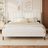 King Size Bed Frame with Vertical Chanel Tufted Headboard and Wingback, Upholstered Platform Bed, Strong Wooden Slats, Easy Assembly, Noise Free, No Box Spring Needed, Beige Velvet HAOARA