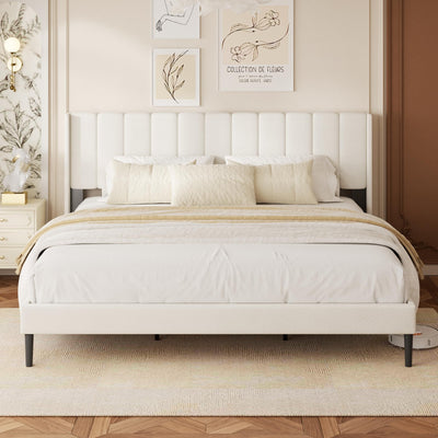 King Size Bed Frame with Vertical Chanel Tufted Headboard and Wingback, Upholstered Platform Bed, Strong Wooden Slats, Easy Assembly, Noise Free, No Box Spring Needed, Beige Velvet