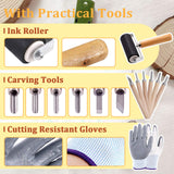 Keadic 24 Pieces Rubber Block Stamps Carving Starter Tool Kit, Comes with Stamp Block, Ink Roller, 6 Carving Tools, Tracing Papers, Pencil & Ink Mixing Tray for Stamp Carving and Printmaking Keadic
