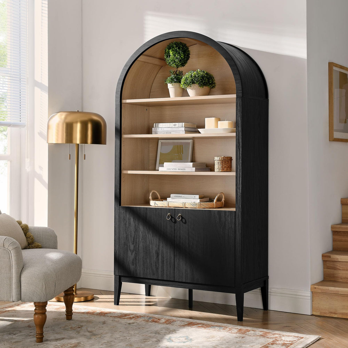Modway Nolan Tall Arched Storage Display Cabinet in Black - 74 Inch Arch Bookshelf with Open and Closed Shelving - Modern Accent Cabinet for Living Room, Dining Room Modway