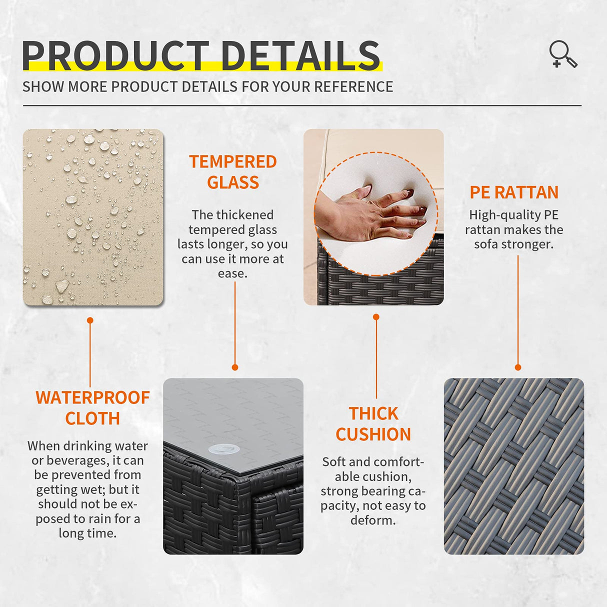 Lviden 7 Pieces Outdoor PE Wicker Furniture Set Patio Rattan Sectional conversation sofa set with Khaki Cushions and Glass Top Table Lviden