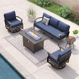 ALAULM Aluminum Patio Furniture Set with Propane Fire Pit Table 5-seat Metal Outdoor Furniture w/Fire Pit Patio Sectional Sofas w/5.3" Cushions for Patio, Backyard, Poolside-Dark Blue ALAULM