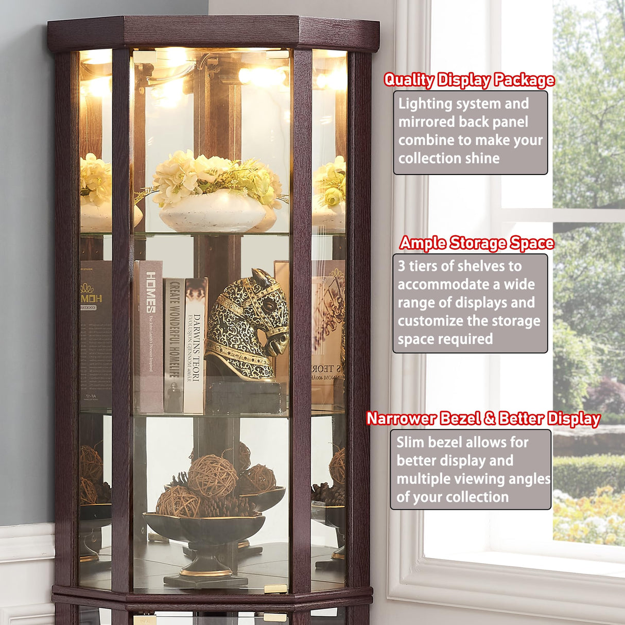 TRJQBCC 69" H Lighted Corner Display Cabinet, Curio Corner Glass Cabinet w/Adjustable Shelves & Glass Door, 5-Tier Wooden Storage Display Case w/Mirrored Back Pane for Living Room(Dark Cherry) TRJQBCC