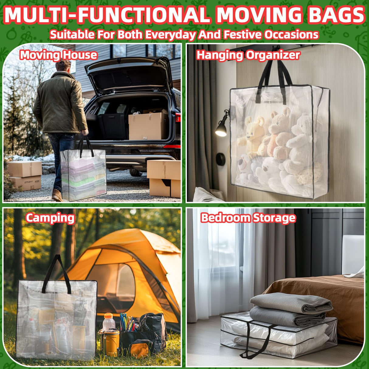 RAINFLOW Christmas Wreath Storage Container - Clear Moving Bags Heavy Duty With Zipper for Wreaths Clothes Gift Pillow Toy Plastic Storage Bag Supplies College Dorm Under Bed Storage(24 inch) RAINFLOW