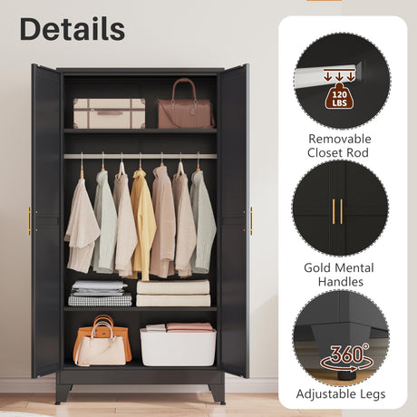 winiowa Metal Armoire Wardrobe Closet with 2 Mirror Doors, 71"' Wardrobe Cabinet with Adjustable Shelves and Hanging Rod, Clothing Storage Cabinet Closet with Mirror for Bedroom-Black winiowa