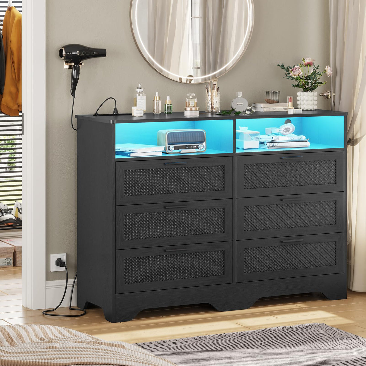 Hasuit Black Dresser for Bedroom with Charging Station, Wooden Large Capacity Storage Chest of Drawers with LED Lights, Modern Wide 6 Drawer Dresser with Woven Leather Design for Bedroom, Living Room Hasuit