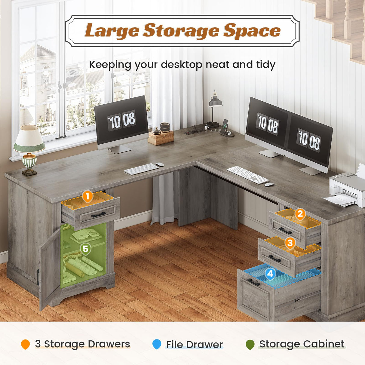 SEDETA 69" L Shaped Desk with Drawers and Storage, Farmhouse Computer Desk with File Drawers and Power Outlet, Corner Executive Desk with Storage Cabinet for Home Office, Grey SEDETA