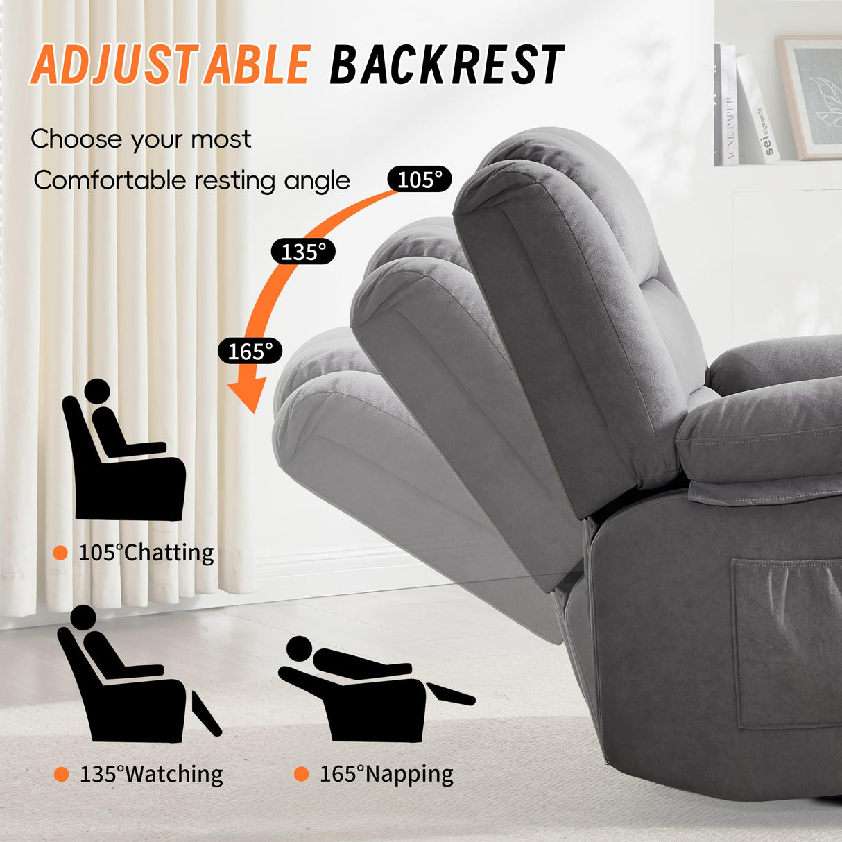 Sftaiyou 360°Swivel Rocker Recliner Chair for Adults,Manual Glider Recliner Sofa with Massage and Heating, Nursery Rocking Chairs with Cup Holds for Living Room Bedroom(Grey) Sftaiyou