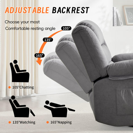 Sftaiyou 360°Swivel Rocker Recliner Chair for Adults,Manual Glider Recliner Sofa with Massage and Heating, Nursery Rocking Chairs with Cup Holds for Living Room Bedroom(Grey) Sftaiyou