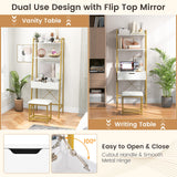 GOFLAME Vanity Table Set with Flip Top Mirror, Ladder Vanity Desk and Cushioned Stool Set with Shelves and Hidden Storage Compartments, Makeup Dressing Table Set for Bedroom, Small Spaces, White+Gold GOFLAME