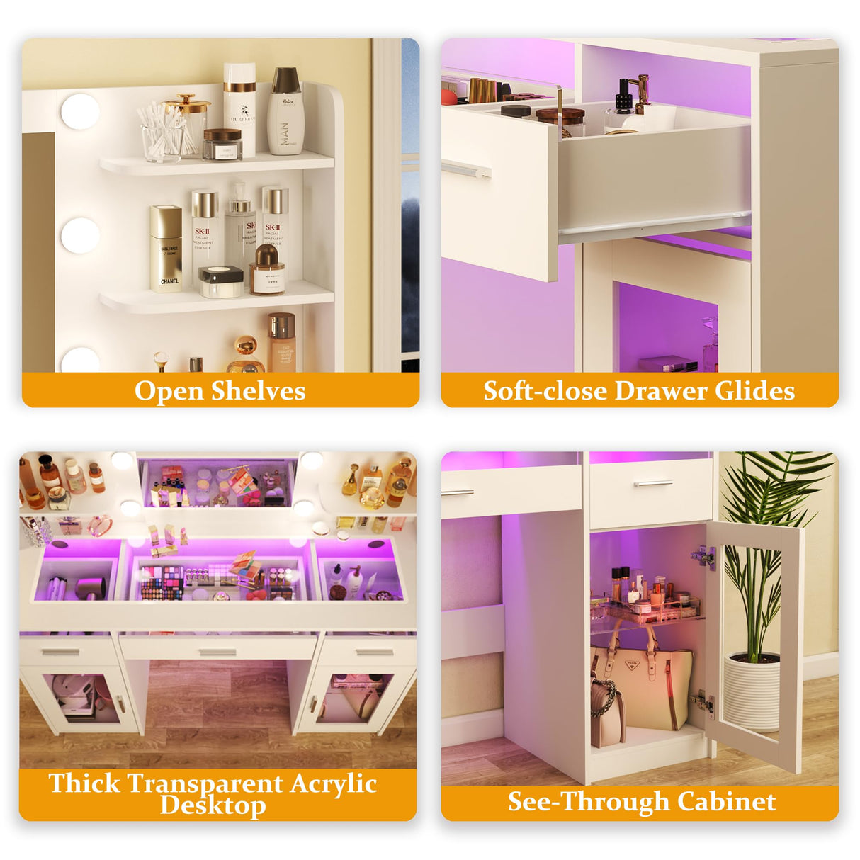 HUAHUUU Vanity Desk, Makeup Vanity Desk with Mirror and Lights 3 Colors, Transparent Top with 3 RGB Drawers, 6 Shelves, 2 Large Tempered Cabinets, Power Outlet, for Bedroom, White HUAHUU