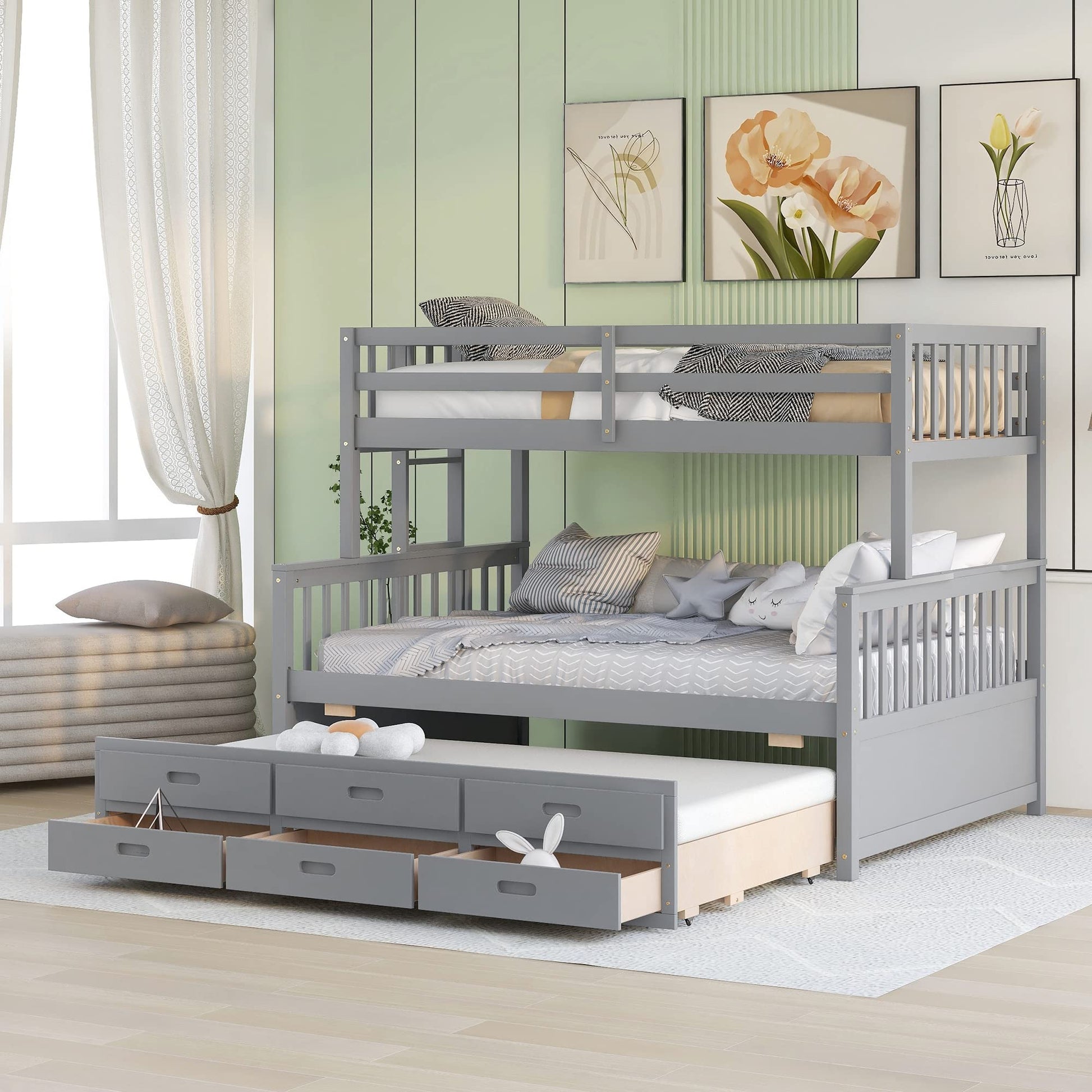 Harper & Bright Designs Grey Twin Over Full Bunk Bed with Trundle and Storage Drawers - WoodArtSupply