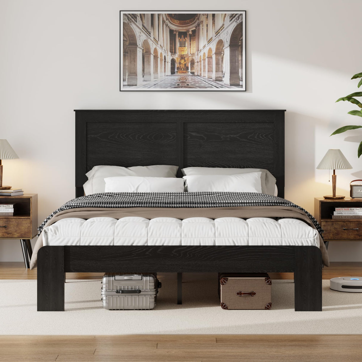 USHOW Wooden Bed Frame King Size with Headboard, Rustic Farmhouse Bedframe with Wood Slat Support, No Noise, No Box Spring Needed, Easy Assembly, Black USHOW