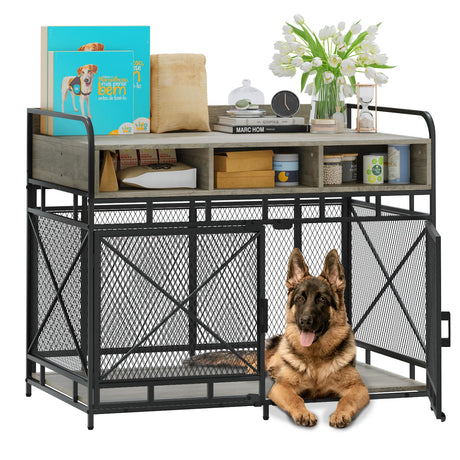 LEMBERI Dog Crate Furniture Large Breed,Wodeen Large Dog Kennel Indoor End Table,Heavy Duty Dog Crate,Decorative Pet Crate Dog Cage (Gray) LEMBERI