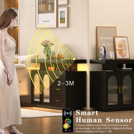 HWB Black RGB LED Coffee Bar Cabinet with Large Storage & Charging Station for Kitchen and Dining Room HWB