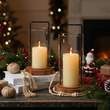 Houmury Set of 2 Hurricane Candle Holders Lantern 12” & 10”with Wood Base Metal Handle Glass Cylinder Modern Farmhouse Decor for Home Decoration, Table Centerpieces Houmury