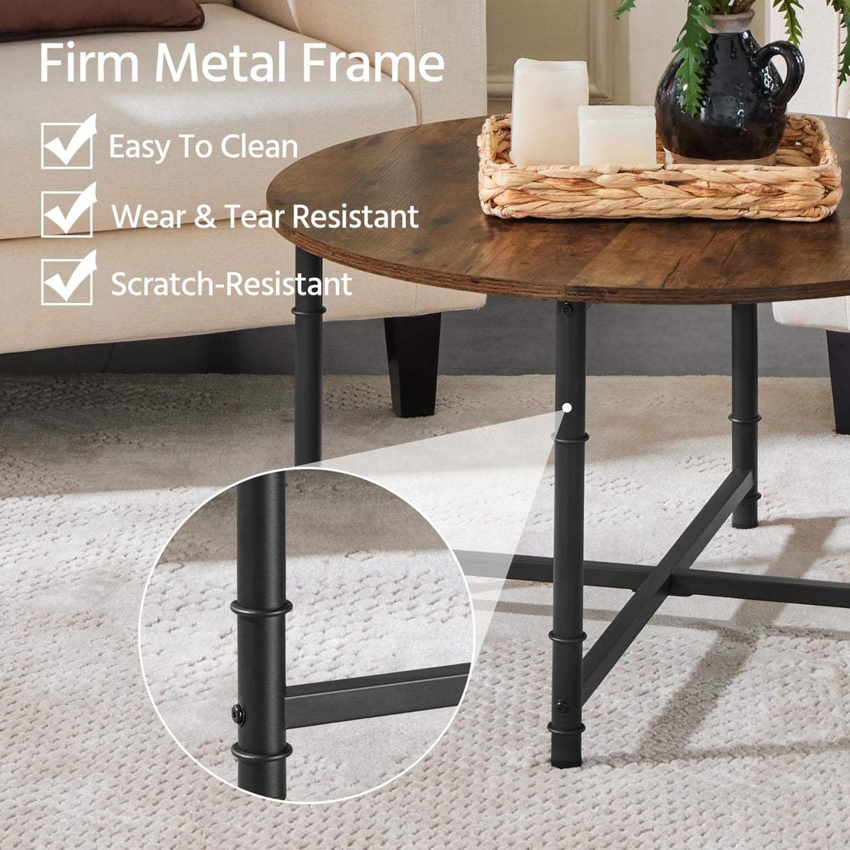 Yaheetech Round Coffee Table, Small Coffee Table with Sturdy Metal Legs for Living Room, Rustic Wood Circle Tables Easy to Assemble, 31.5 x 17.7 Inches Yaheetech