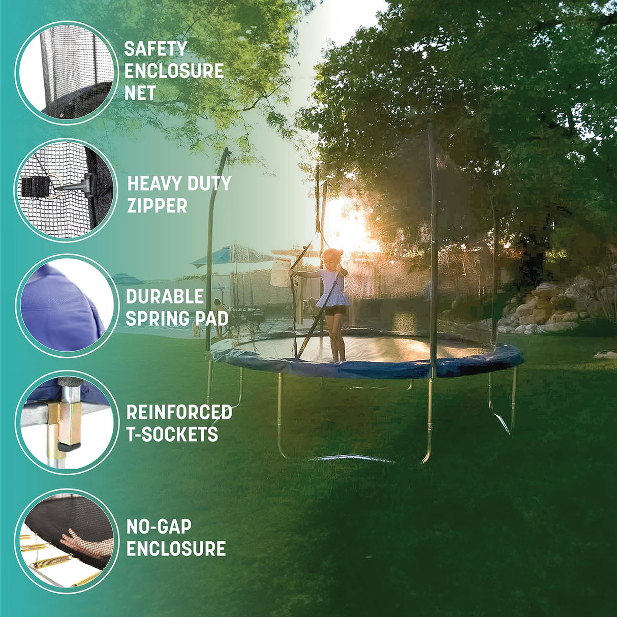 Skywalker Trampoline Outdoor Jump N' Dunk 8 FT, 12 FT, 15 FT, Round Outdoor Trampoline with Net, Trampoline Mat, and Basketball Hoop for Trampoline, ASTM Approval, 800 LBS Weight Capacity - Blue Skywalker Trampolines