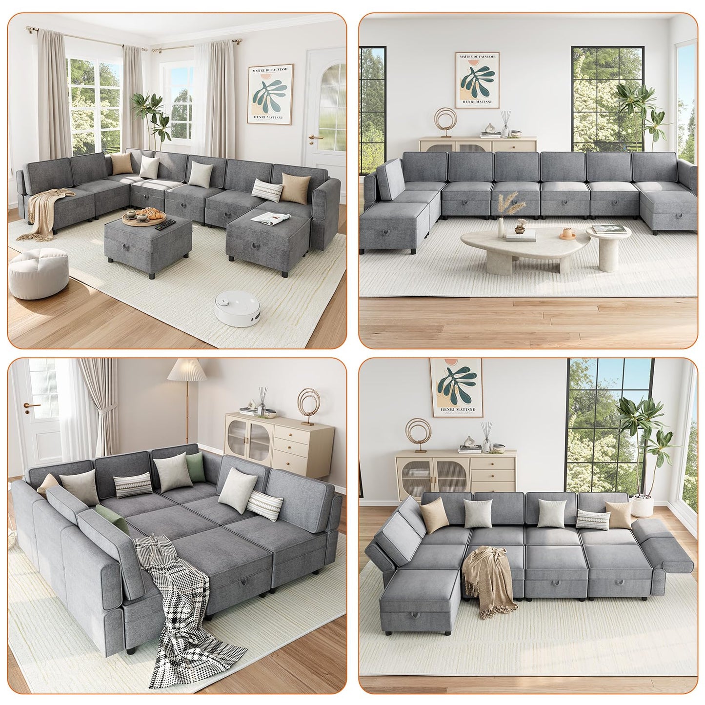 139.4" Chenille Reversible Sectional Sofa with Storage Seats & Ottomans, 9-Seater Modular Sectional Sofa, Comfy Sectional Sleeper Sofa Couch with Chaise, U-Shape Modular Couch, Grey