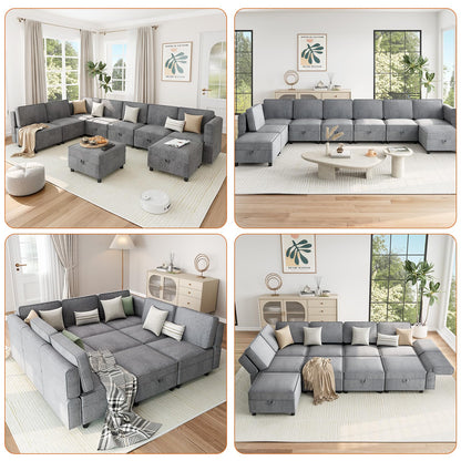 139.4" Chenille Reversible Sectional Sofa with Storage Seats & Ottomans, 9-Seater Modular Sectional Sofa, Comfy Sectional Sleeper Sofa Couch with Chaise, U-Shape Modular Couch, Grey