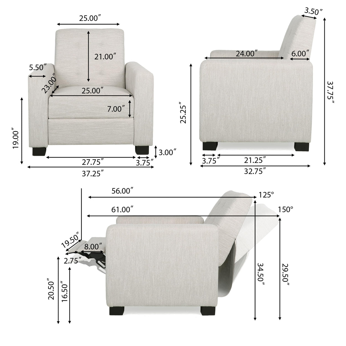 Christopher Knight Home Salemt Push Back Recliner Chair, Upholstered Living Room Armchair, Easy Assembly Soft Single Sofa Accent Chair for Living Room Office Bedroom, Tufted Waffle Stitch, Beige Christopher Knight Home