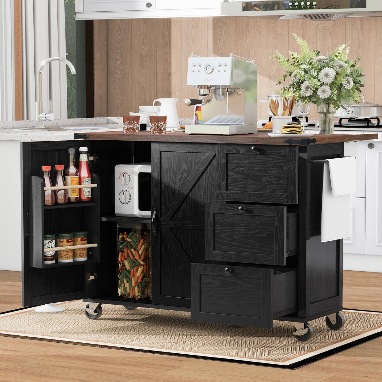 Merax 54.5" Upgraded Kitchen Cart Island on Wheels with Power Outlet,Drop Leaf and 3 Side Drawers,Farmhouse Wood Frame Storage Cabinet Merax
