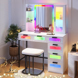 HNEBC RGB Vanity Desk with Mirror and Lights, LED Vanity Makeup Desk with USB/Wireless Charger Station, Vanities Dressing Table Sets with 6 Drawers/Cabins/Stool/Shelves for Bedroom&Cloakroom(White) HNEBC