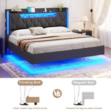 Floating Bed Frame King Size with Hidden Storage Space and Charging Station,Floating King Bed Frame with LED Light, RGB Light Fabric Platform Bed Floating,No Box Spring Needed,Easy Assembly,Dark Gray busyaeh