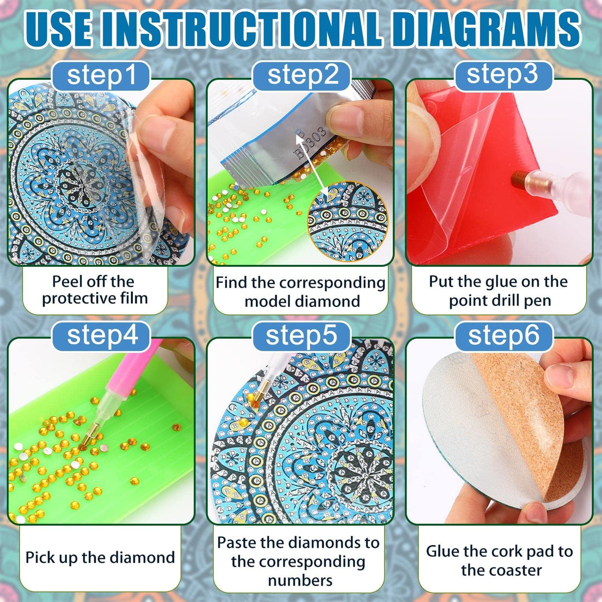 UPINS 8Pcs Mandala Diamond Art Painting Art Coasters Kits with Holder, Diamond Art Non Slip Coaster Kits DIY with Holder Crafts for Adults Diamond Art Painting Kits Supplies for Christmas Gift UPINS