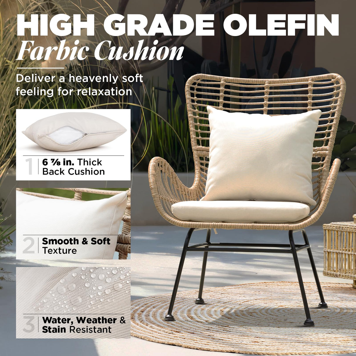 IDZO Isabelle Upgraded 2000 Hours UV Wicker Chairs Outdoor Set of 2, 500 lbs Capacity Outdoor Patio Chair, All-Weather Club Chair with Water-Resistant Olefin Cushions, Boho Style, Beige IDZO