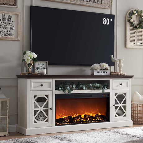 Farmhouse Fireplace TV Stand with 36" Electric Fireplace for 80 Inch TVs, 31" Tall Entertainment Center w/Drawer & Diamond Panel Door, Highboy Media Console for Living Room, 70inch, White IFGET