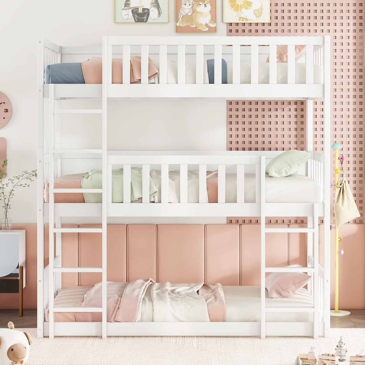 VilroCaz Modern Twin Over Twin Over Twin Triple Bunk Bed, Rubber Wood Detachable Triple Twin Bunk Bed Frame, 3-in-1 Bunk Beds with Ladder and Guardrails for Kids Teens, Maximize Space (White-ON) VilroCaz