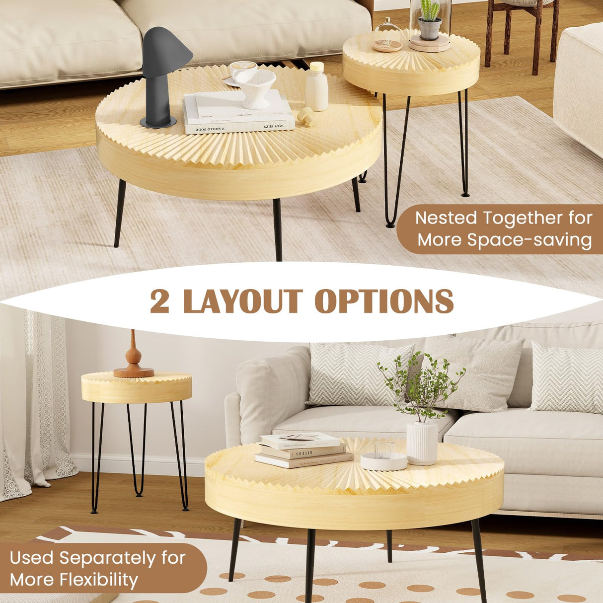 COSTWAY Farmhouse Round Coffee Table Set of 2, Rustic Sofa Side Tea Tables w/Wood Finish, Metal Frame, Adjustable Foot Pads, Nesting End Table Set for Living Room (Radial Pattern, Light Natural) COSTWAY