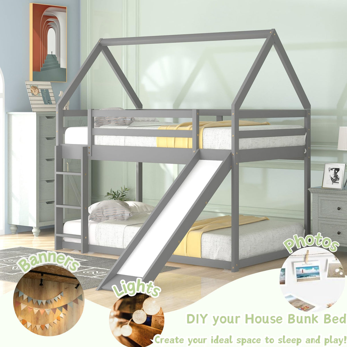 Harper & Bright Designs Twin Bunk Beds for Kids,Wood House Bunk Bed Twin Over Twin,Kids Bunk Bed with Slide and Roof for Girls Boys,Grey Harper & Bright Designs