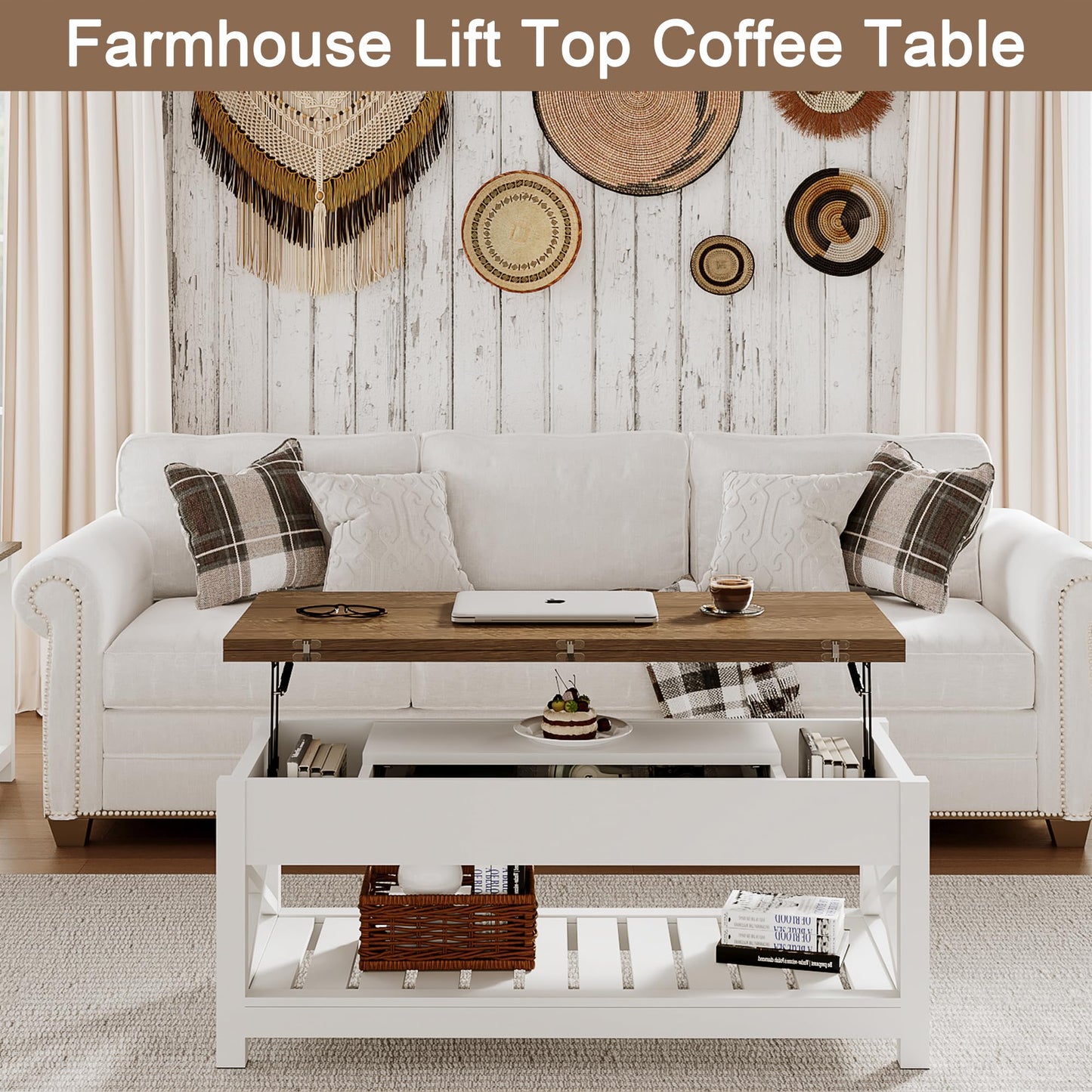 ChooChoo Farmhouse Lift Top Coffee Table, Multi-Function Convertible Coffee Table with Storage and Hidden Compartment, Coffee Table Converts to Dining Table for Living Room, 40 White & Brown - WoodArtSupply