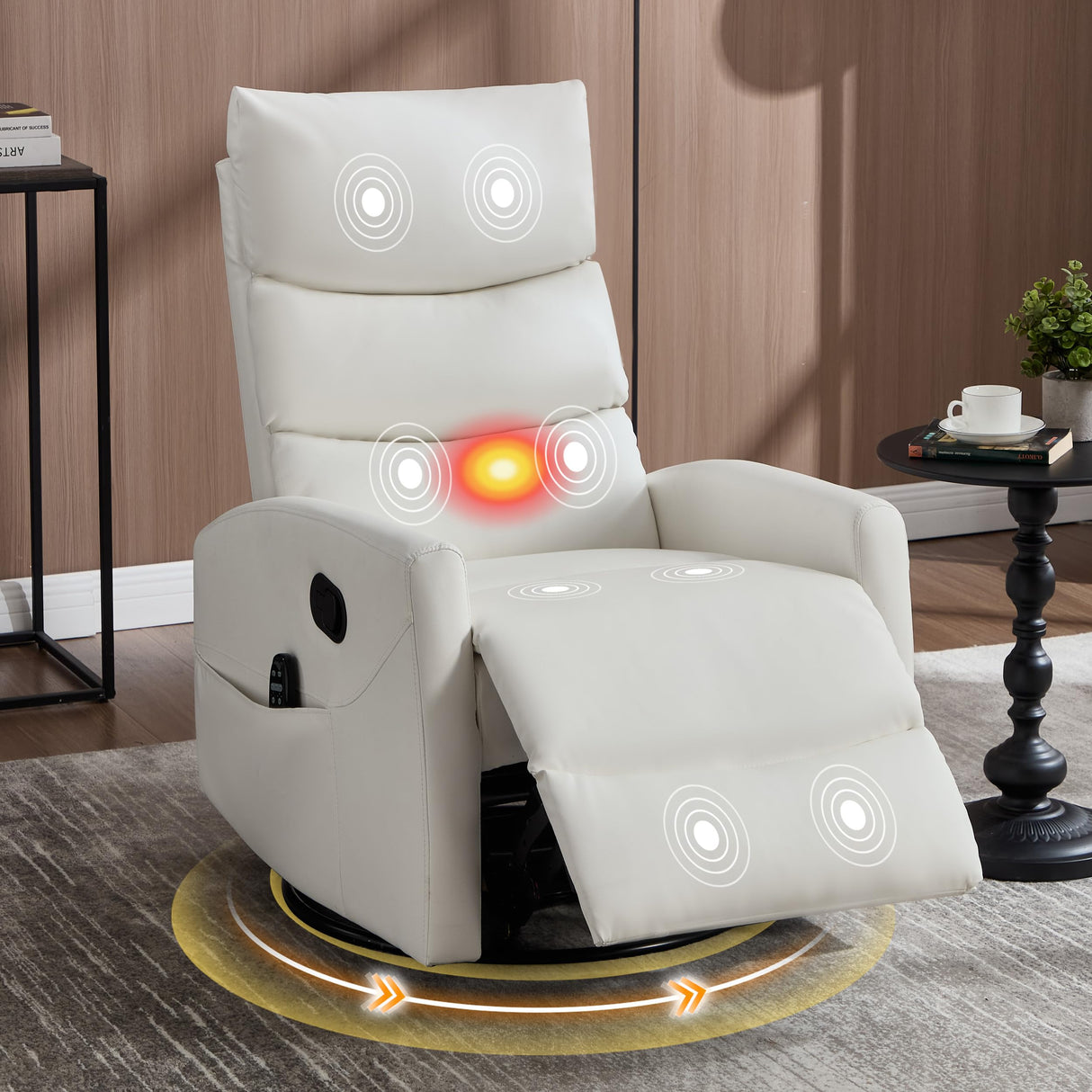 Manual Swivel Rocker Recliner Chair with Vibration Massage, Overstuffed Glider Chair with Lumbar Heat for Nursery, Living Room Reclining Sofa Chair, Faux Leather White Luxlen