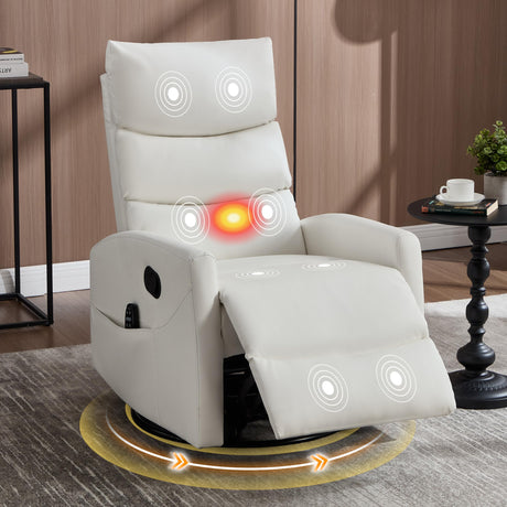Manual Swivel Rocker Recliner Chair with Vibration Massage, Overstuffed Glider Chair with Lumbar Heat for Nursery, Living Room Reclining Sofa Chair, Faux Leather White Luxlen