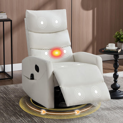 Manual Swivel Rocker Recliner Chair with Vibration Massage, Overstuffed Glider Chair with Lumbar Heat for Nursery, Living Room Reclining Sofa Chair, Faux Leather White