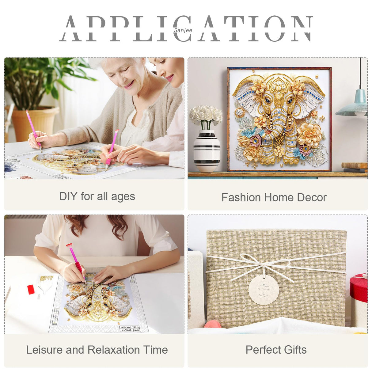 Sanjee 5D Special Shape Diamond Art Kits for Beginners, Elephant Diamond Painting Kits for Adults, Crystal Rhinestones Diamond Painting for Home Wall Decoration Gift, 12×12inch Sanjee