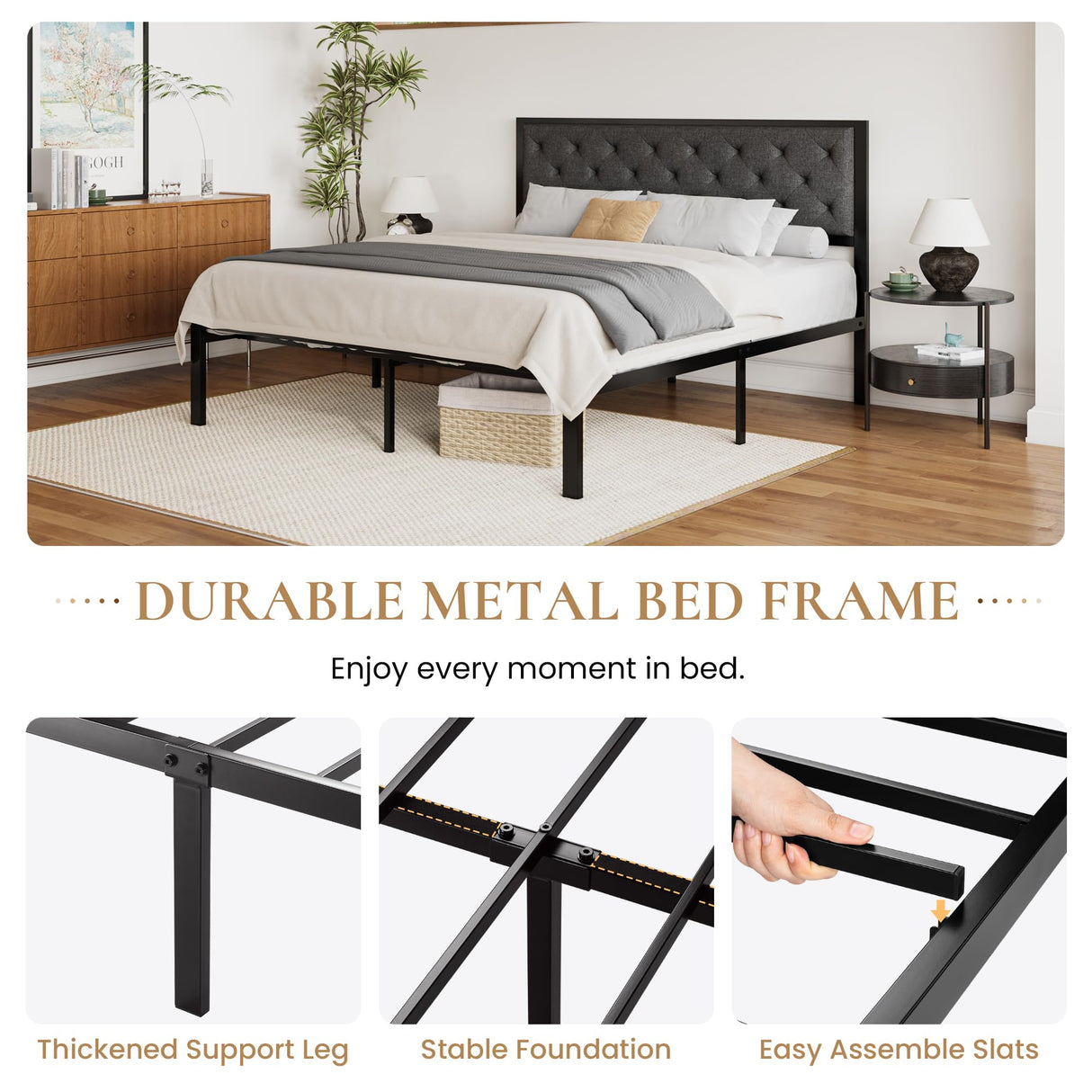 SHA CERLIN King Size Metal Platform Bed Frame,Linen Upholstered Button Tufted Headboard, Mattress Foundation with 12.4” Under-Bed Storage, Noise-Free, Easy Assembly, No Box Spring Needed, Dark Grey SHA CERLIN