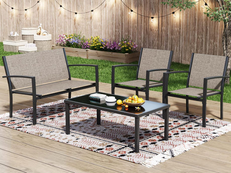 Greesum 4 Pieces Patio Furniture Set, Outdoor Conversation Sets for Patio, Lawn, Garden, Poolside with A Glass Coffee Table, Brown Greesum