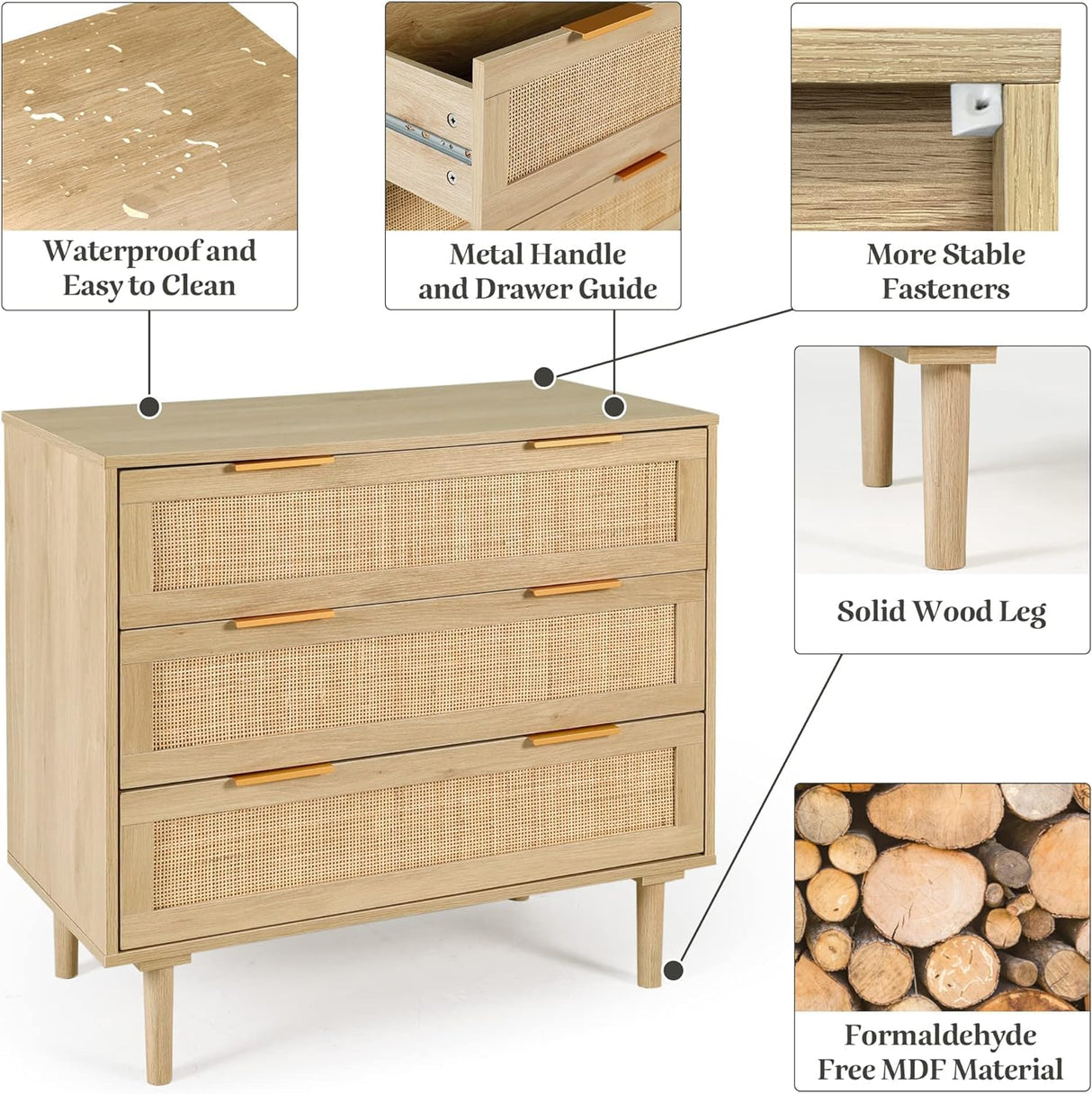 HOPUBUY Large Nightstand with Rattan Drawer, Modern 3 Drawer Night Stand for Bedroom, Wooden Bedside Table for Queen Size and King Size Bed,Oak HOPUBUY