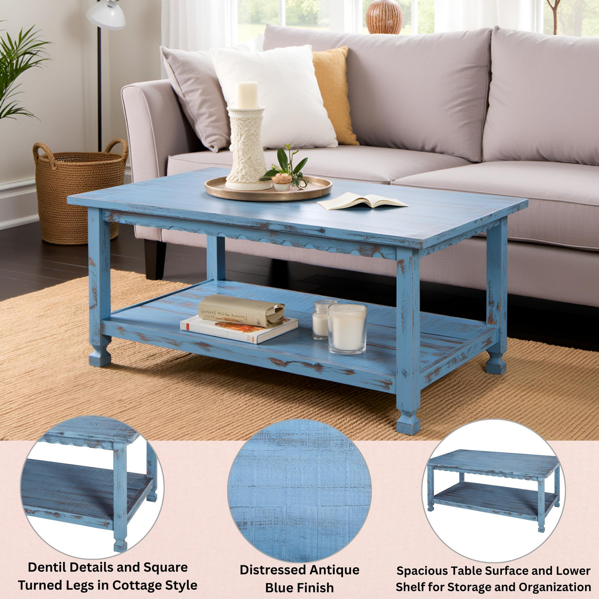 Rustic Rectangular Coffee Table, 42 in. W x 24 in. D x 18 in. H, Living Room Blue Antique, W/ (1) 36 in. W x 18 in. D x 10 in. H Shelf, Farmhouse/Cottage Style, Select Hardwood/Construction Alaterre Furniture
