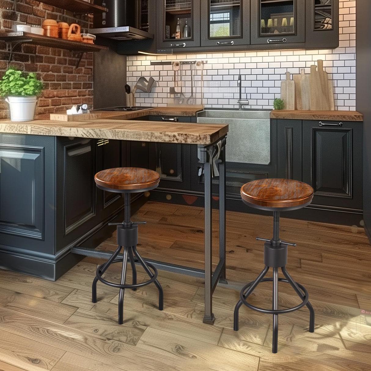 LOKKHAN Set of 2 Industrial Bar Stool-Height Adjustable Swivel Wood and Metal Bar Stool,Farmhouse Stool,Extra Tall Pub Height,23"-29" LOKKHAN
