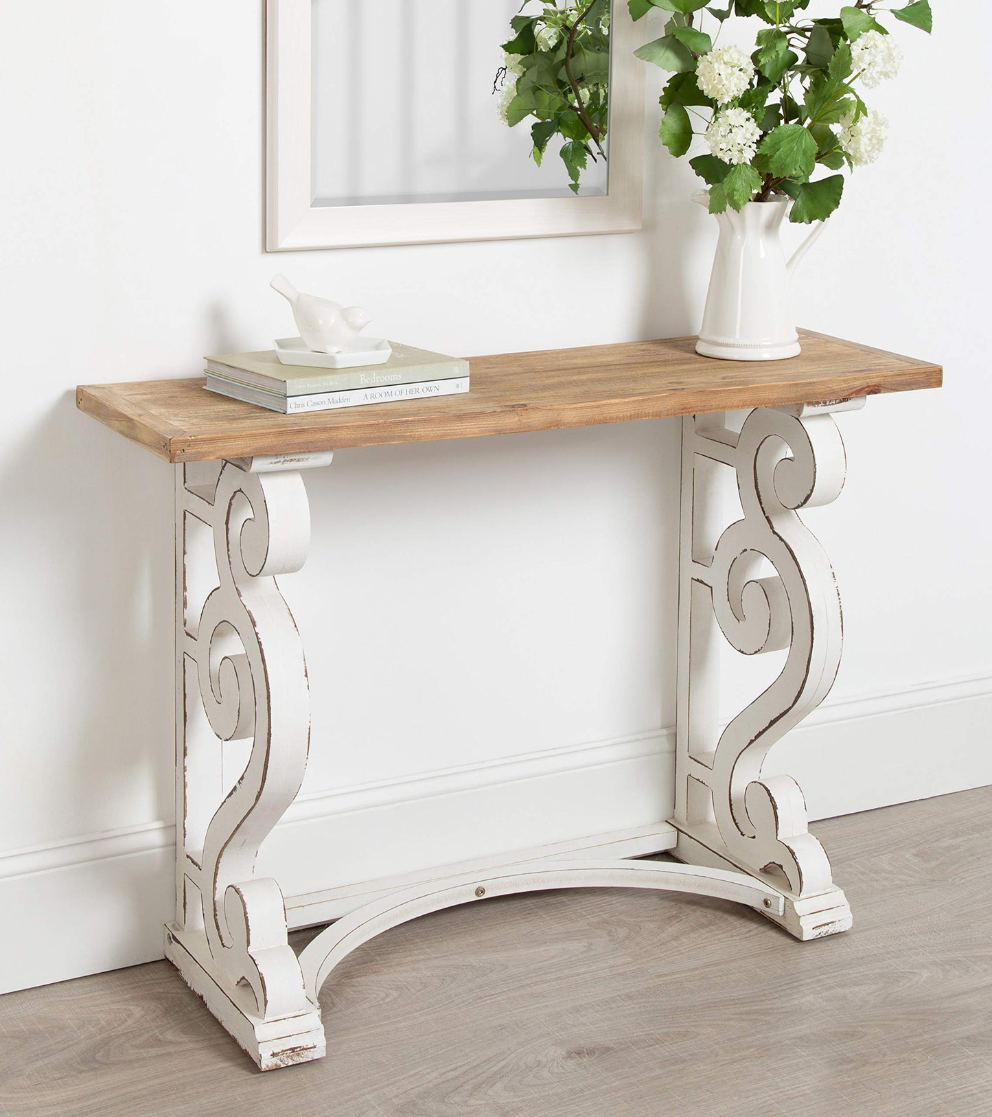 Kate and Laurel Wyldwood Country French Solid Wood Console Table - Rustic/White Legs - Natural Wood Top - WoodArtSupply